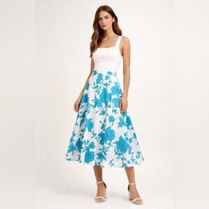 MISA Los Angeles Blue Floral A-Line Midi Skirt Size Small NWT